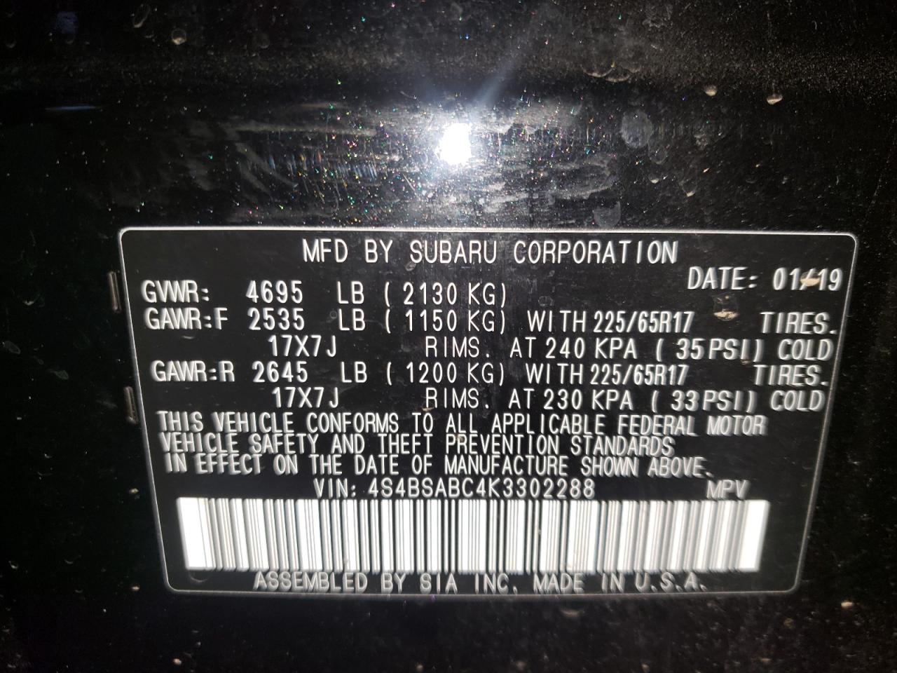 Photo 10 from auction – 2019 SUBARU OUTBACK 2. with VIN 4S4BSABC4K3302288