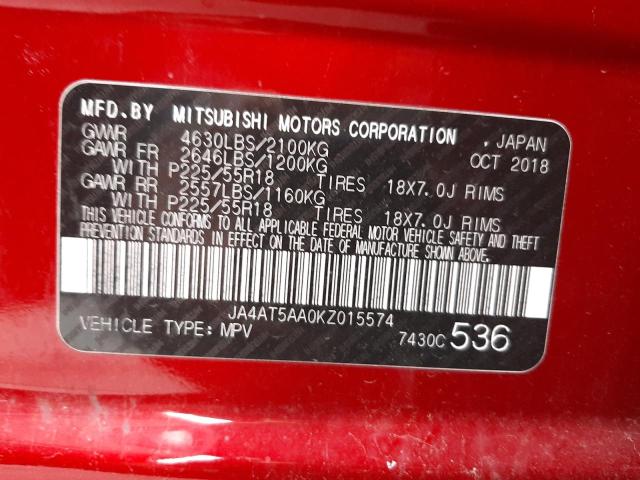Photo 10 from auction – 2019 MITSUBISHI ECLIPSE CR with VIN JA4AT5AA0KZ015574
