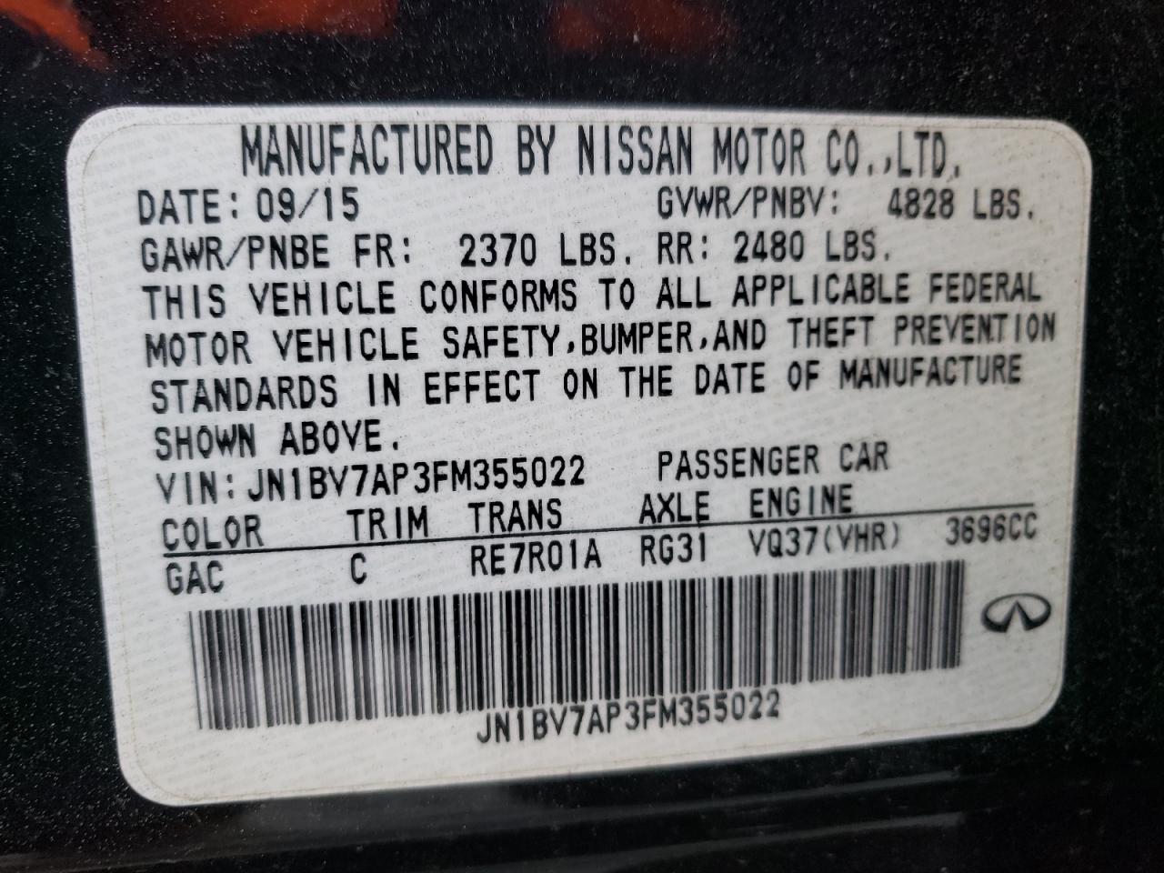Photo 10 from auction – 2015 INFINITI Q50 BASE with VIN JN1BV7AP3FM355022