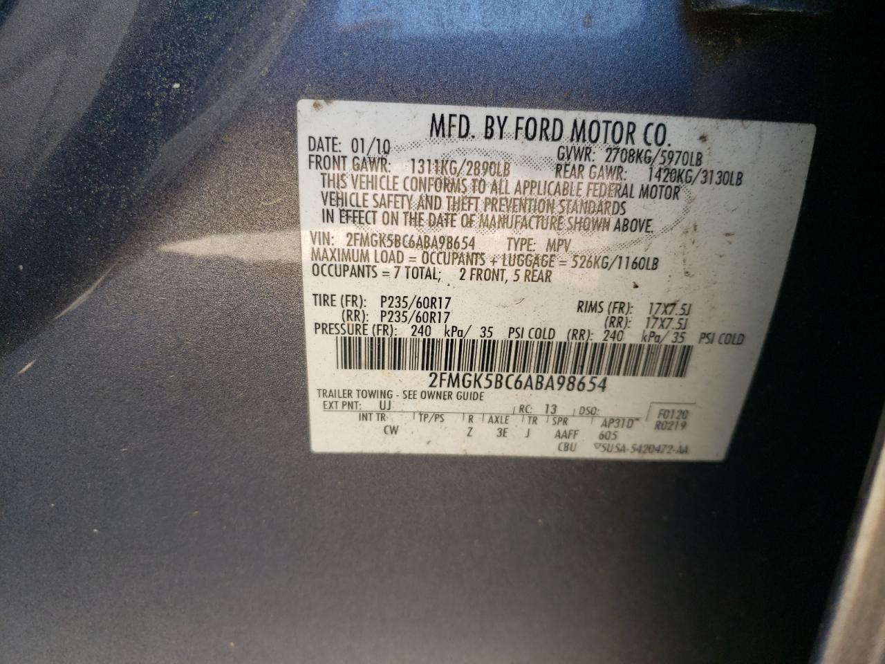 Photo 10 from auction – 2010 FORD FLEX SE with VIN 2FMGK5BC6ABA98654
