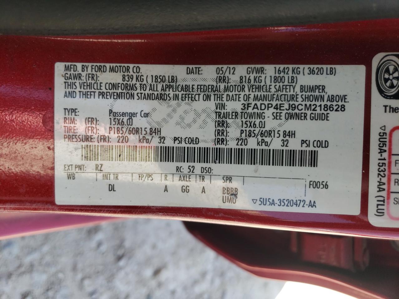 Photo 10 from auction – 2012 FORD FIESTA SE with VIN 3FADP4EJ9CM218628