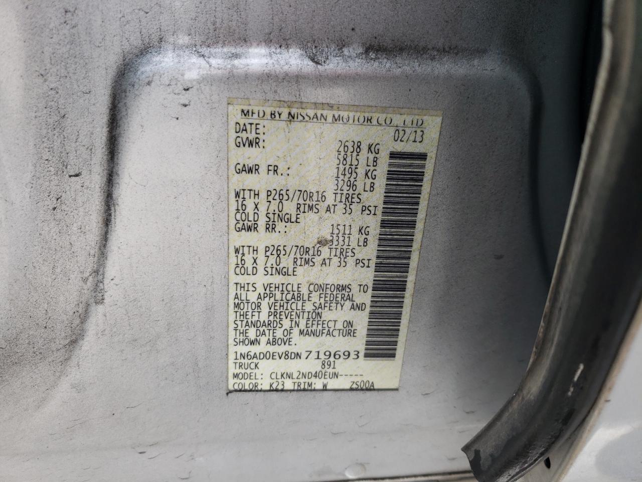Photo 10 from auction – 2013 NISSAN FRONTIER S with VIN 1N6AD0EV8DN719693