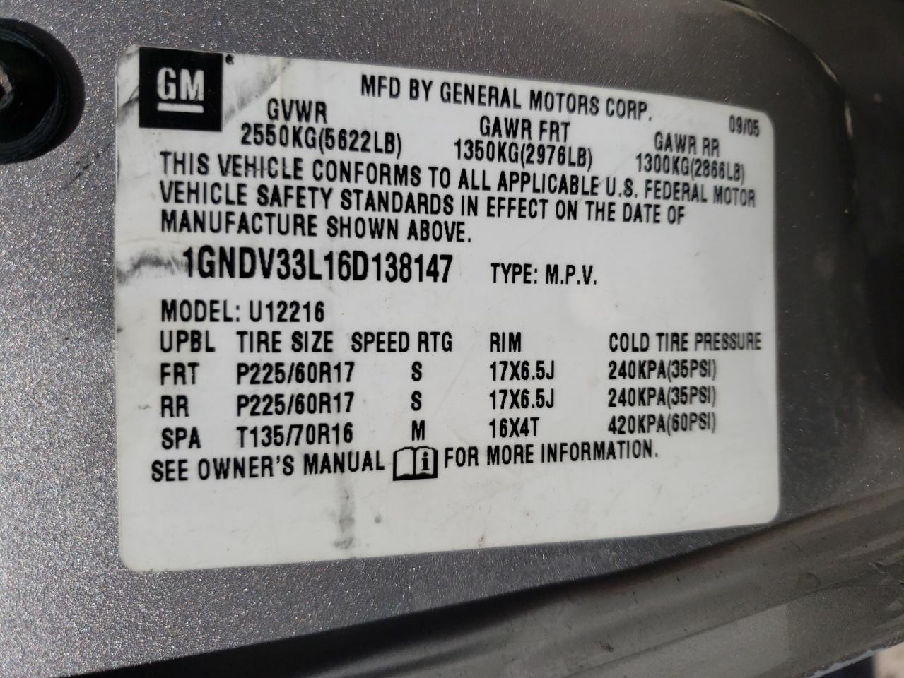 Photo 10 from auction – 2006 CHEVROLET UPLANDER L with VIN 1GNDV33L16D138147