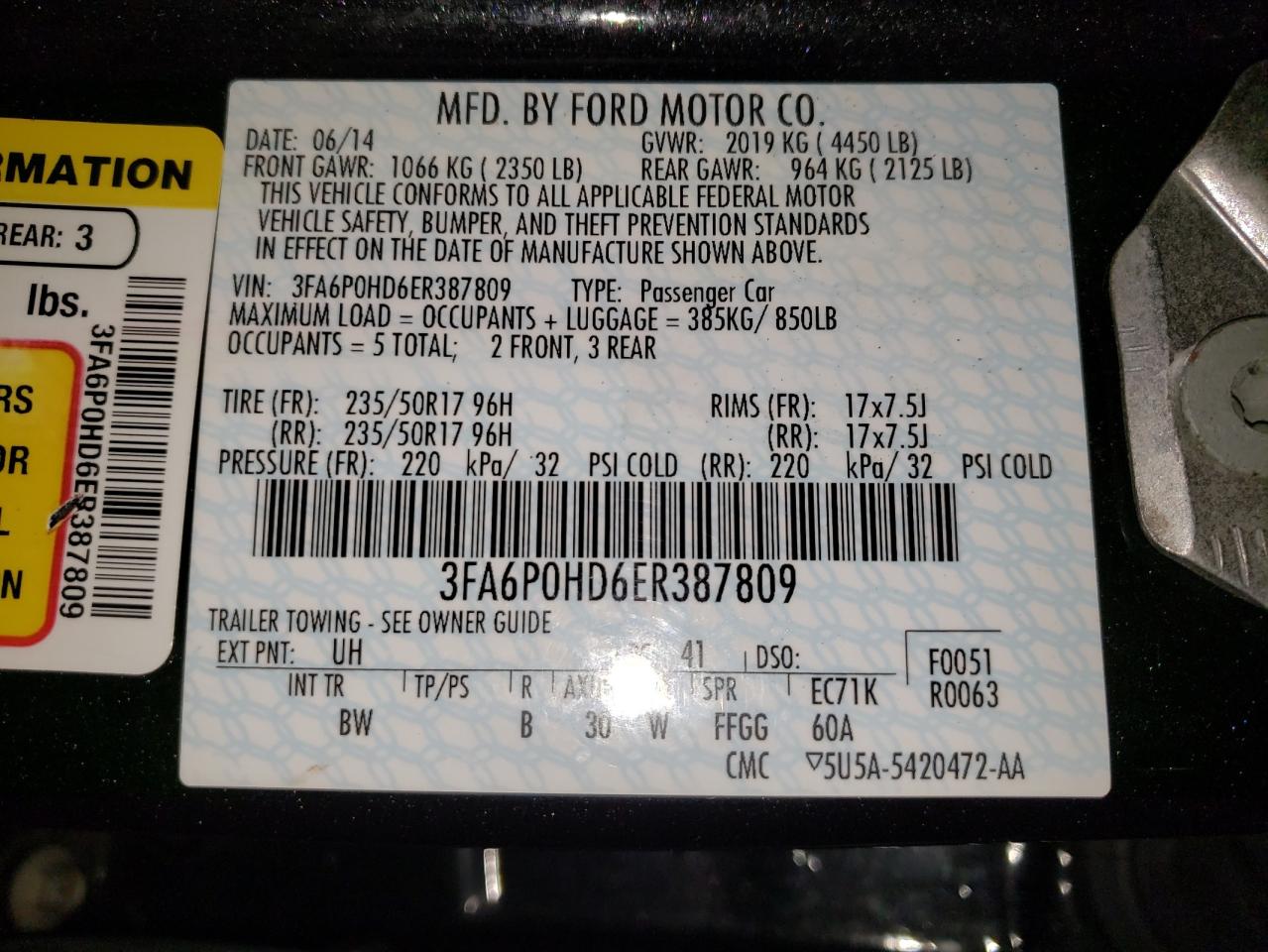 Photo 10 from auction – 2014 FORD FUSION SE with VIN 3FA6P0HD6ER387809