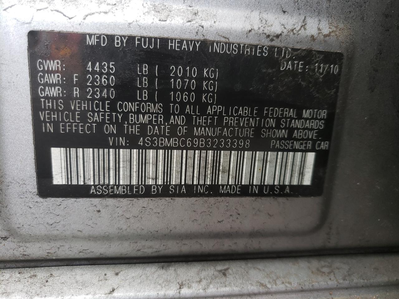 Photo 10 from auction – 2011 SUBARU LEGACY 2.5 with VIN 4S3BMBC69B3233398