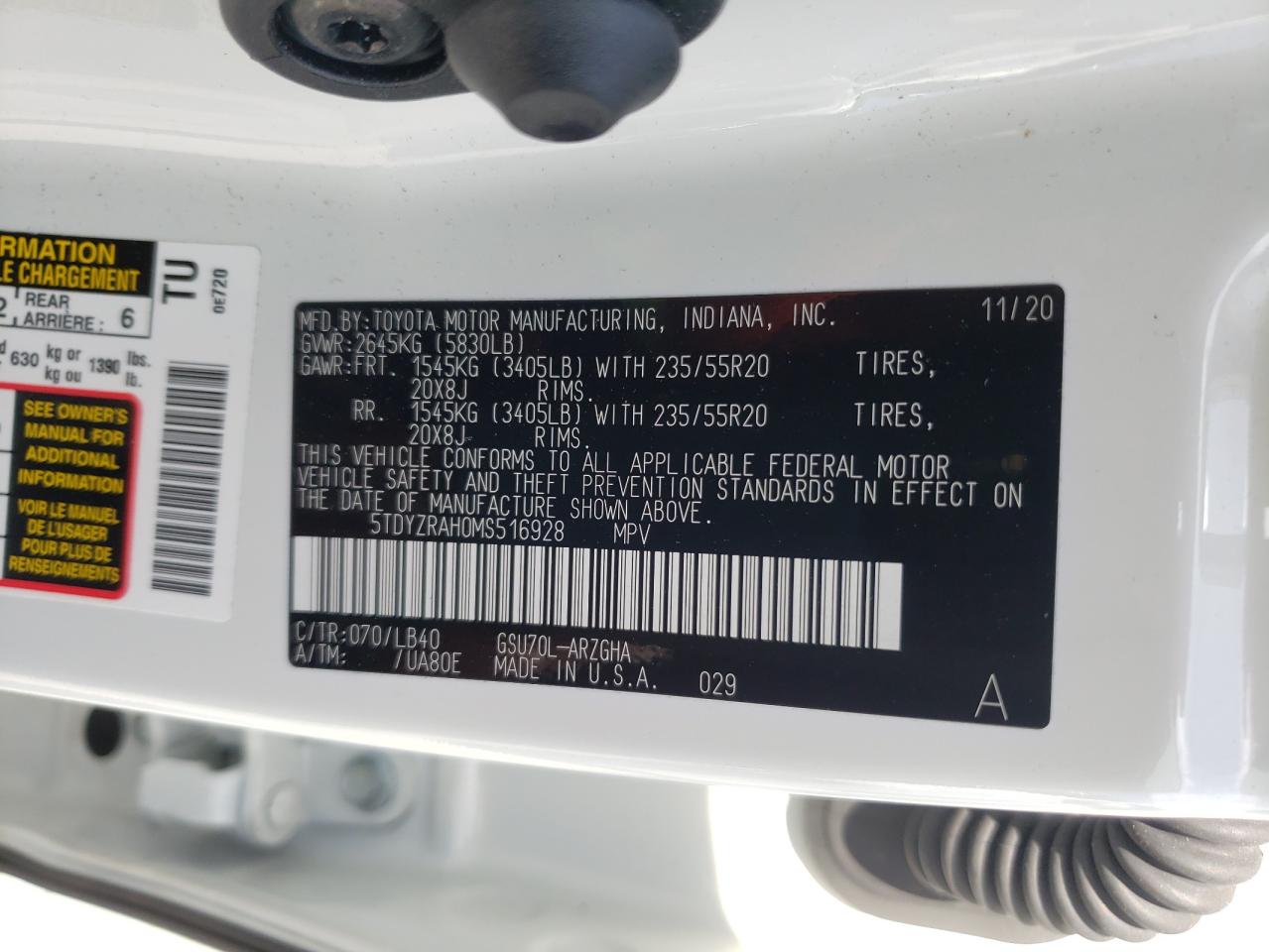 Photo 10 from auction – 2021 TOYOTA HIGHLANDER with VIN 5TDYZRAH0MS516928