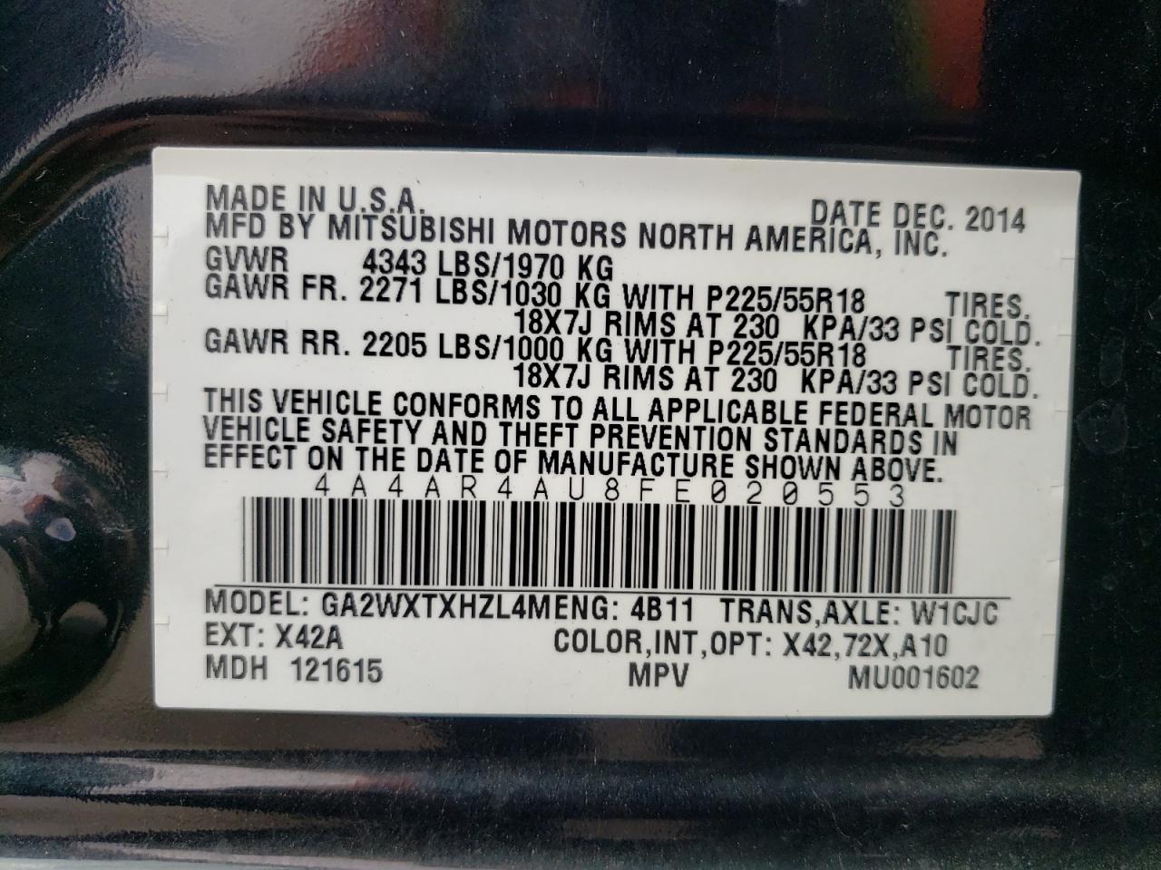 Photo 10 from auction – 2015 MITSUBISHI OUTLANDER with VIN 4A4AR4AU8FE020553