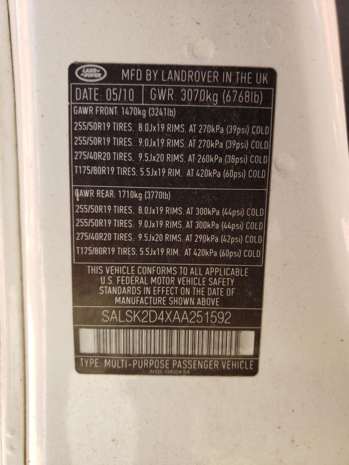 Foto 10 de la subasta – 2010 LAND ROVER RANGE ROVE con VIN SALSK2D4XAA251592