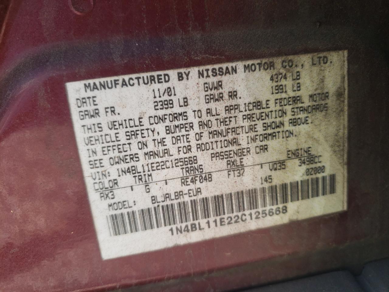 Photo 10 from auction – 2002 NISSAN ALTIMA SE with VIN 1N4BL11E22C125668