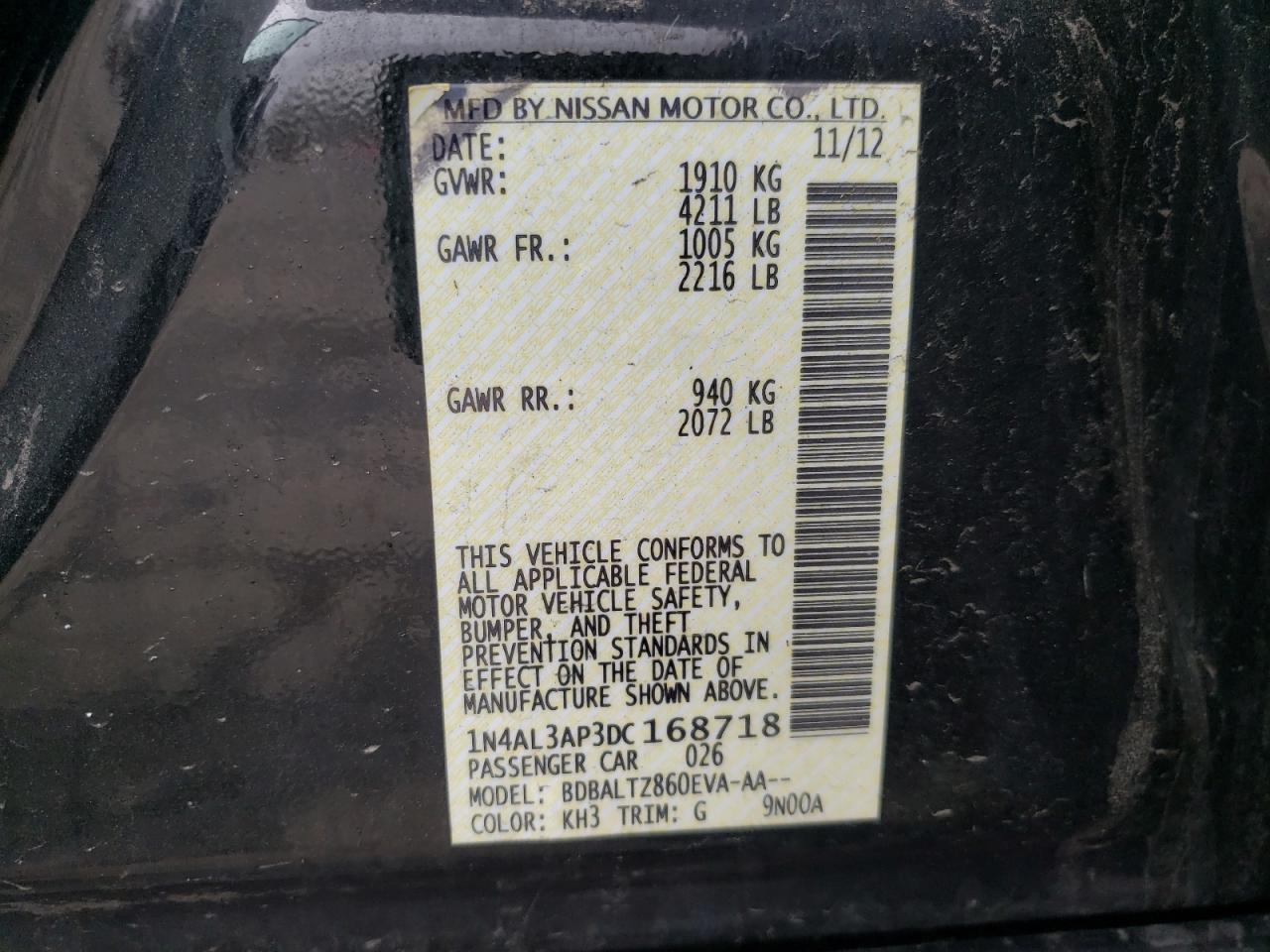Photo 10 from auction – 2013 NISSAN ALTIMA 2.5 with VIN 1N4AL3AP3DC168718
