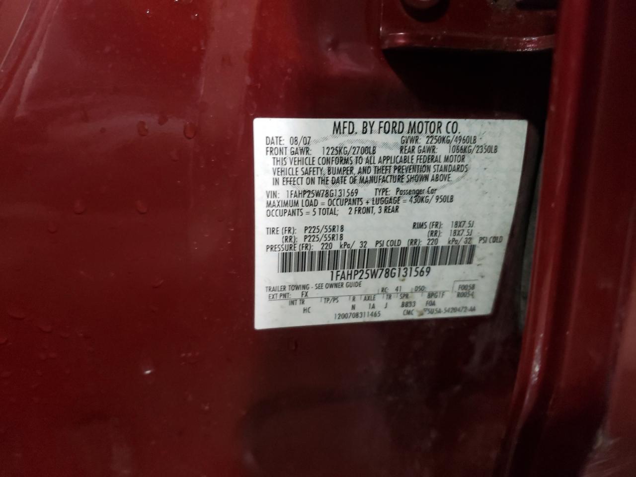 Photo 10 from auction – 2008 FORD TAURUS LIM with VIN 1FAHP25W78G131569
