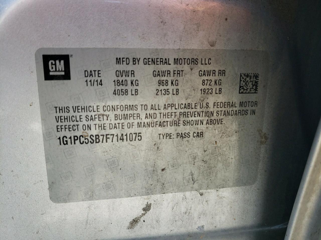 Photo 10 from auction – 2015 CHEVROLET CRUZE LT with VIN 1G1PC5SB7F7141075