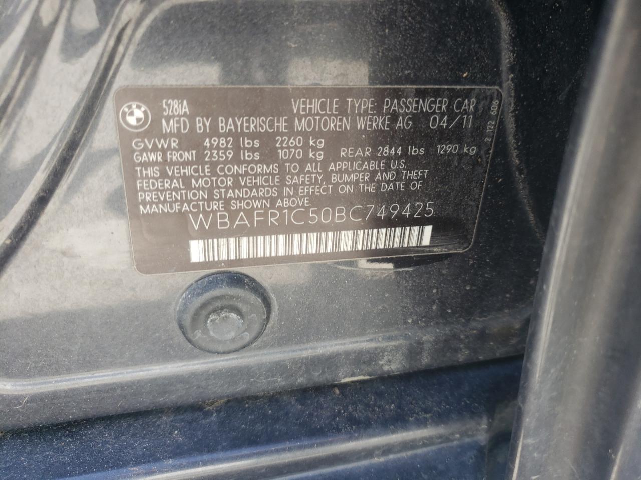 Photo 10 from auction – 2011 BMW 528 I with VIN WBAFR1C50BC749425