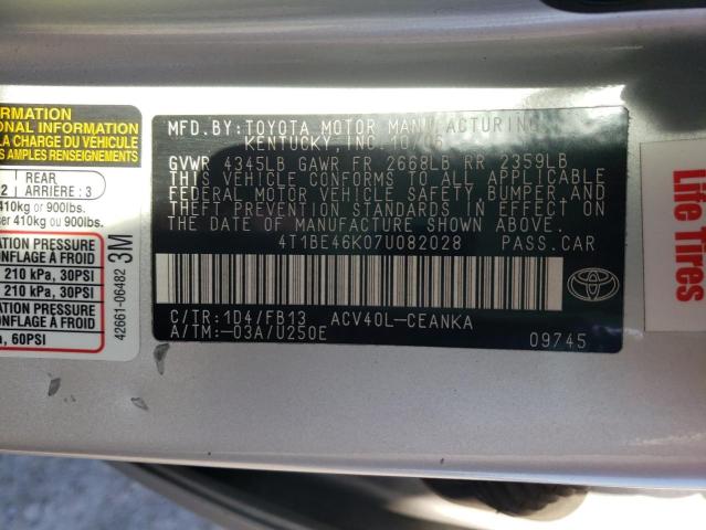 Photo 10 from auction – 2007 TOYOTA CAMRY CE with VIN 4T1BE46K07U082028