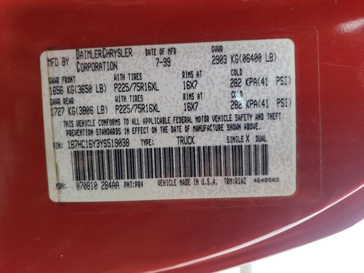 Photo 10 from auction – 2000 DODGE RAM 1500 with VIN 1B7HC16Y3YS519038