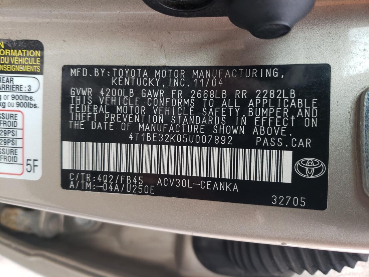 Photo 10 from auction – 2005 TOYOTA CAMRY LE with VIN 4T1BE32K05U007892