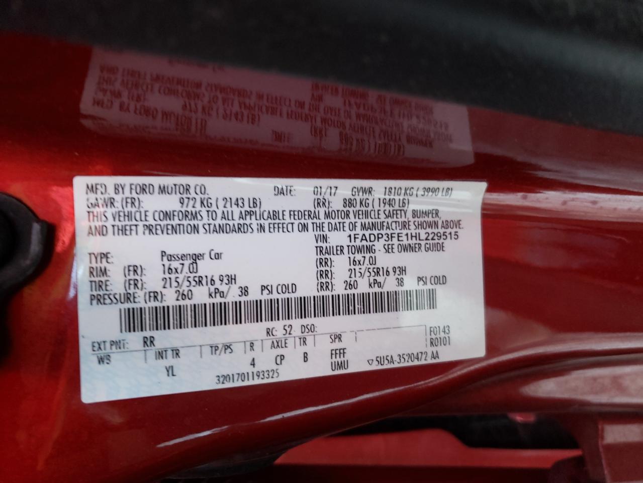 Photo 10 from auction – 2017 FORD FOCUS SE with VIN 1FADP3FE1HL229515