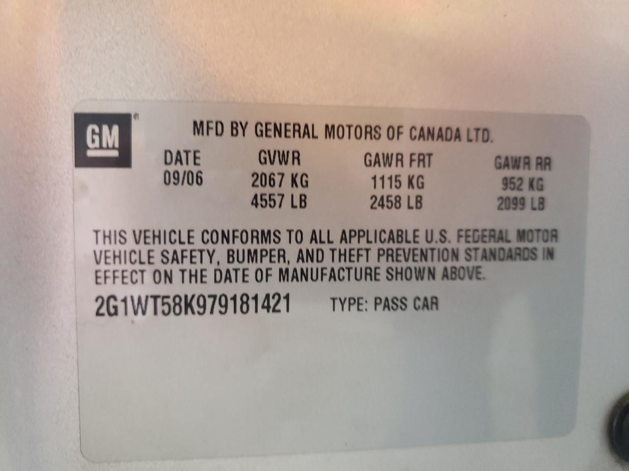 Photo 10 from auction – 2007 CHEVROLET IMPALA LT with VIN 2G1WT58K979181421
