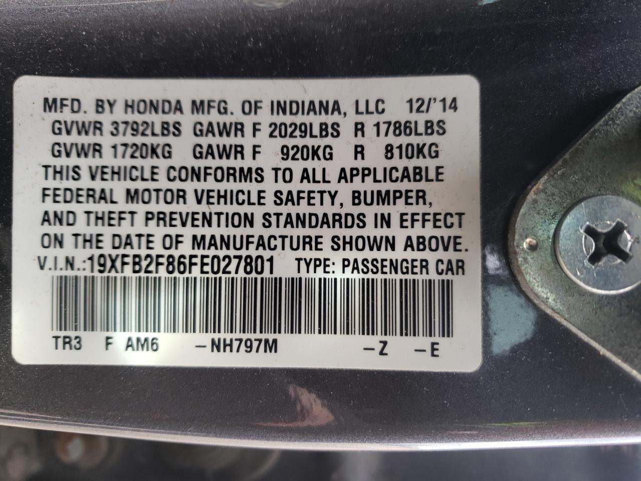 Photo 10 from auction – 2015 HONDA CIVIC EX with VIN 19XFB2F86FE027801
