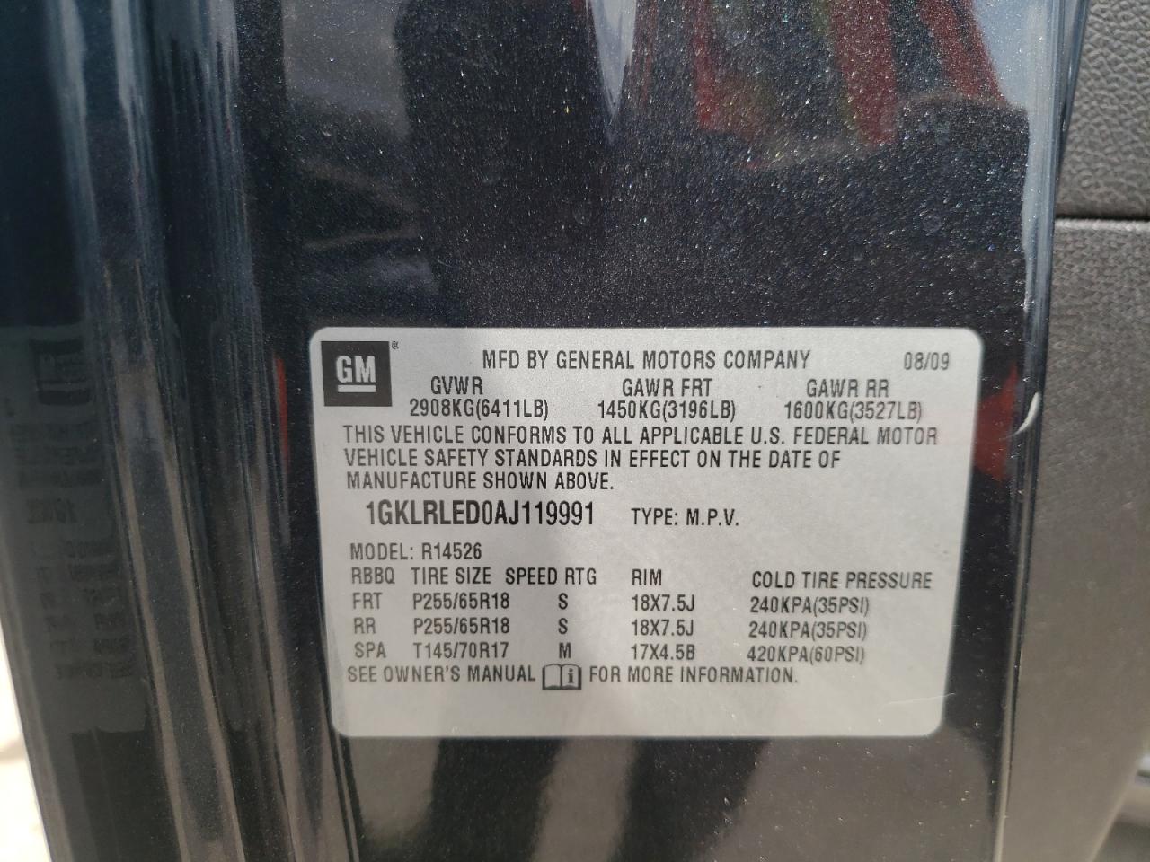 Photo 10 from auction – 2010 GMC ACADIA SLE with VIN 1GKLRLED0AJ119991