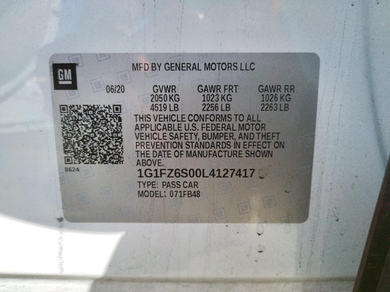 Photo 10 from auction – 2020 CHEVROLET BOLT EV PR with VIN 1G1FZ6S00L4127417