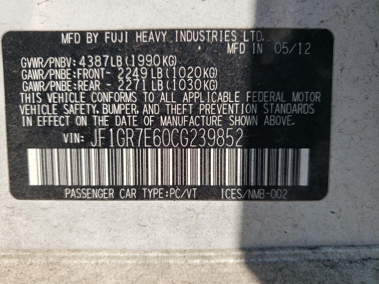 Photo 10 from auction – 2012 SUBARU IMPREZA WR with VIN JF1GR7E60CG239852