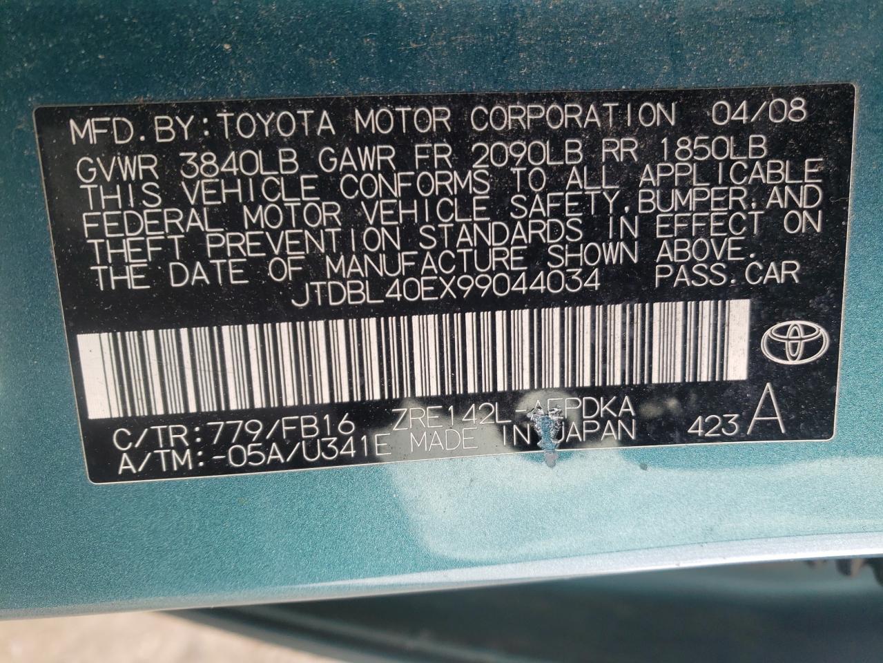 Photo 10 from auction – 2009 TOYOTA COROLLA BA with VIN JTDBL40EX99044034