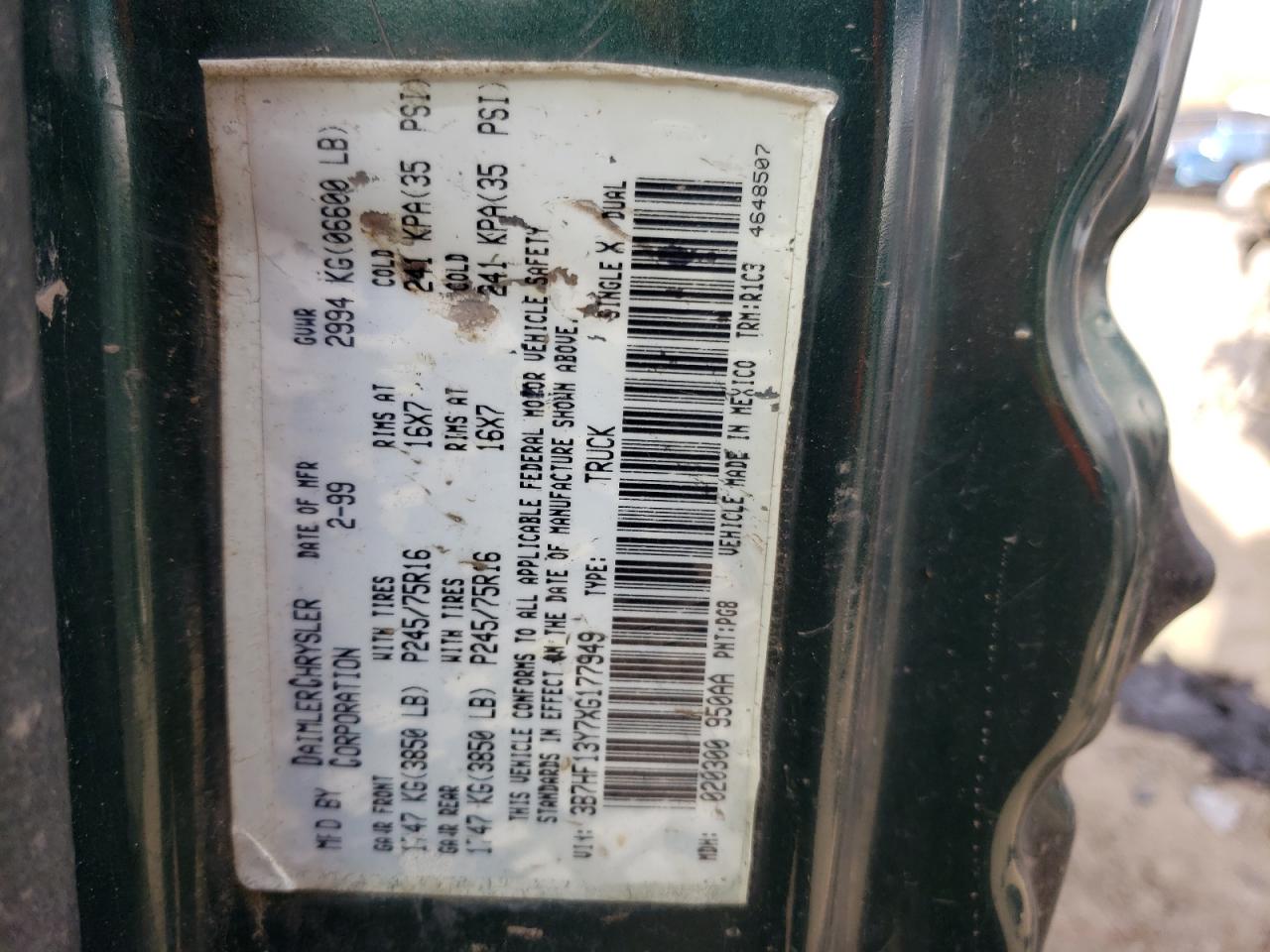 Photo 10 from auction – 1999 DODGE RAM 1500 with VIN 3B7HF13Y7XG177949