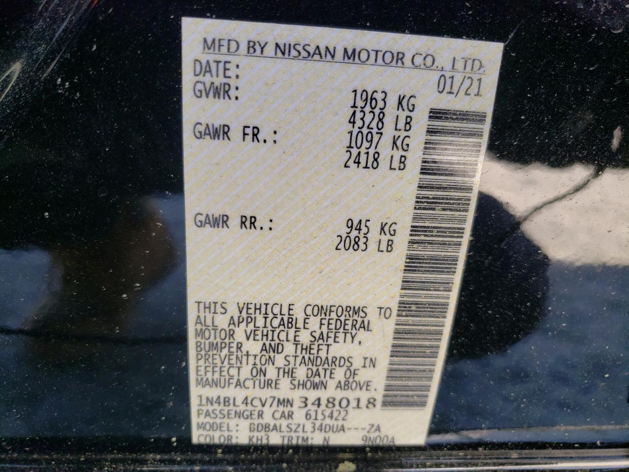 Photo 10 from auction – 2021 NISSAN ALTIMA SR with VIN 1N4BL4CV7MN348018