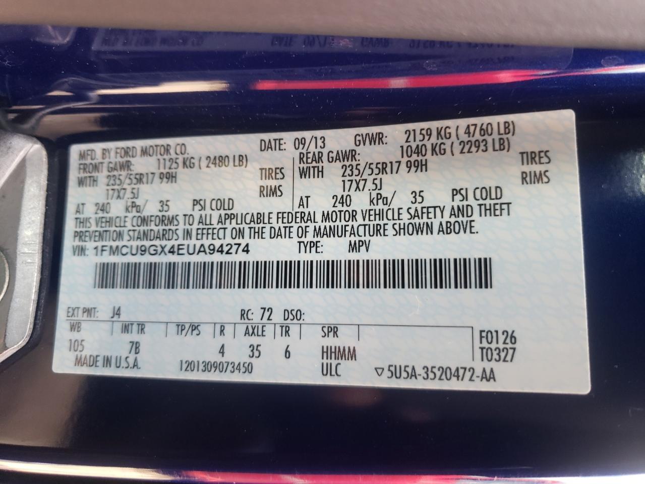 Photo 10 from auction – 2014 FORD ESCAPE SE with VIN 1FMCU9GX4EUA94274