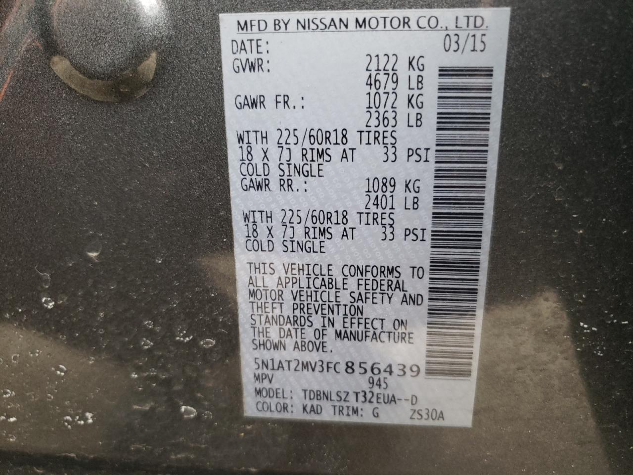 Photo 10 from auction – 2015 NISSAN ROGUE S with VIN 5N1AT2MV3FC856439
