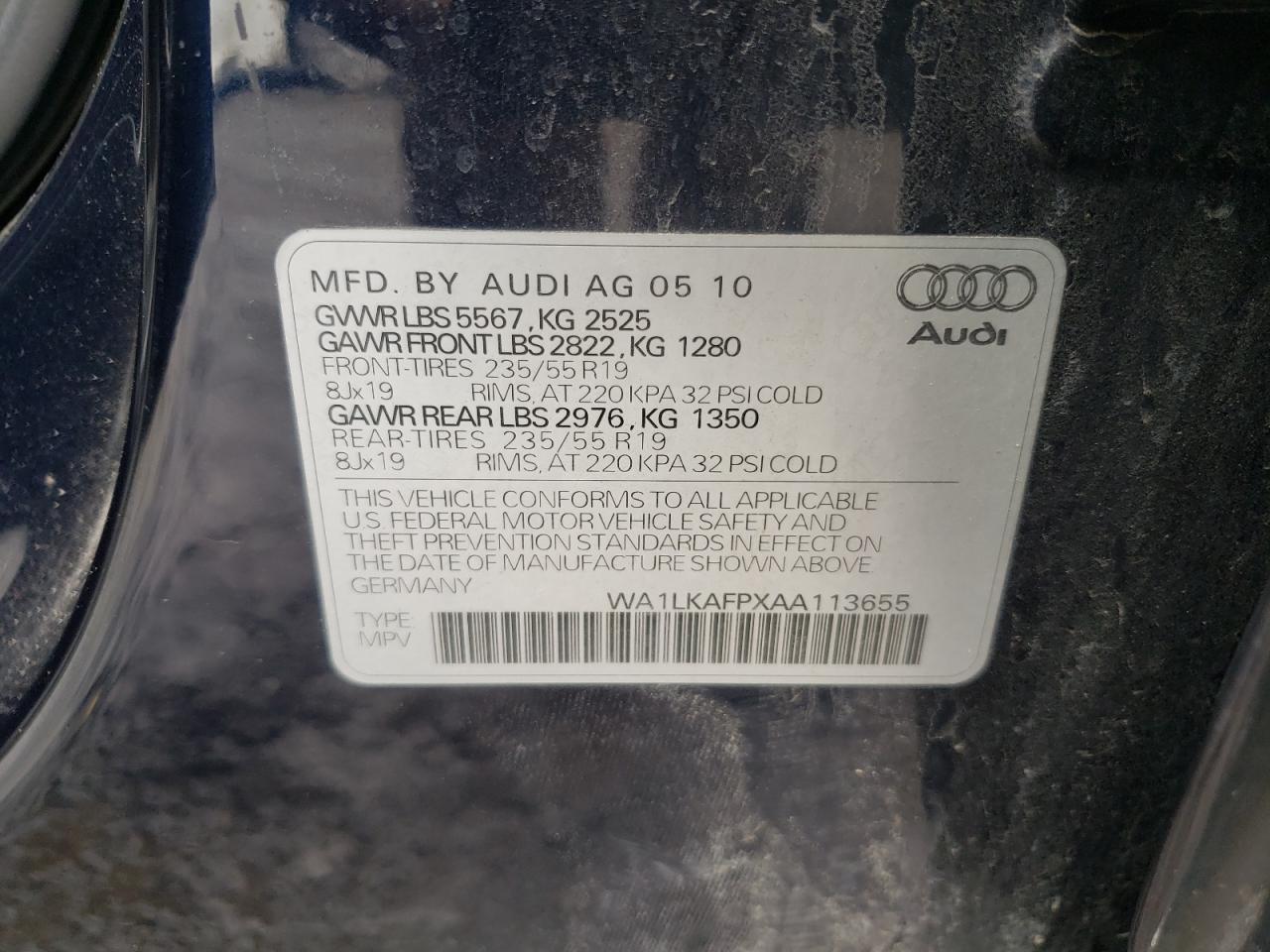Photo 10 from auction – 2010 AUDI Q5 PREMIUM with VIN WA1LKAFPXAA113655