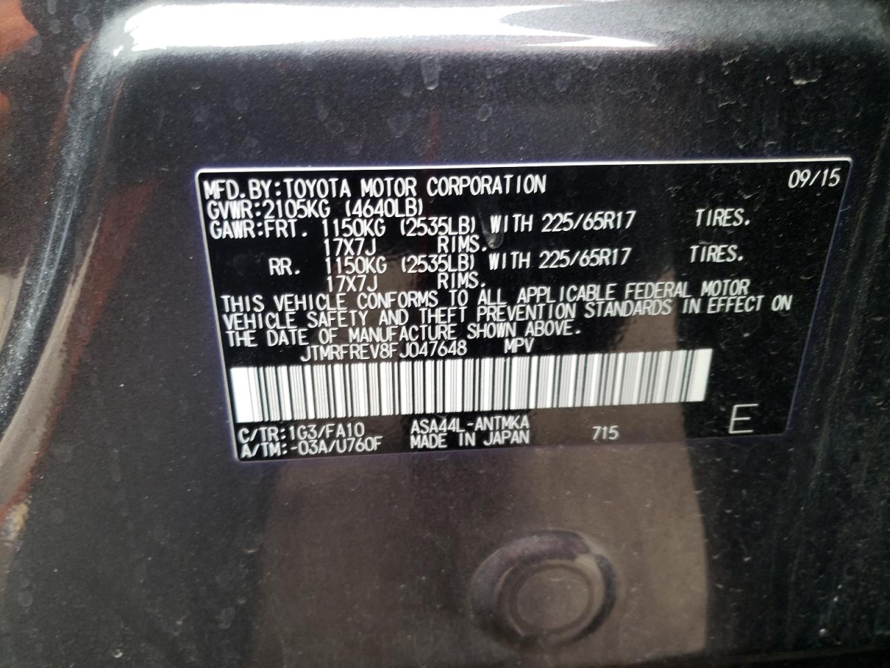 Photo 10 from auction – 2015 TOYOTA RAV4 XLE with VIN JTMRFREV8FJ047648