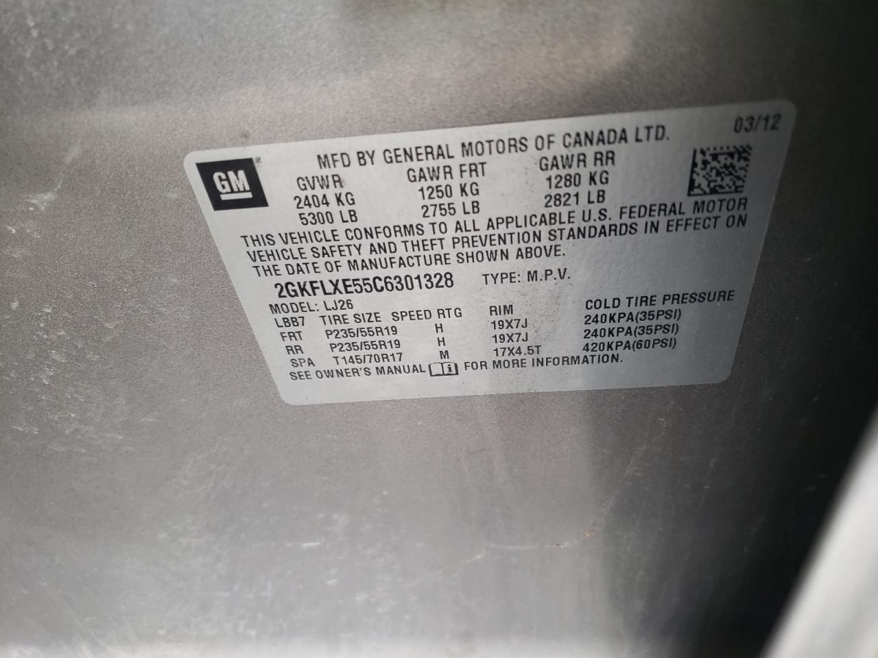 Photo 10 from auction – 2012 GMC TERRAIN SL with VIN 2GKFLXE55C6301328