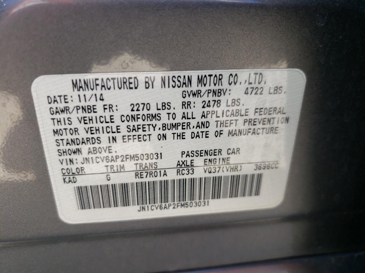 Photo 10 from auction – 2015 INFINITI Q40 with VIN JN1CV6AP2FM503031