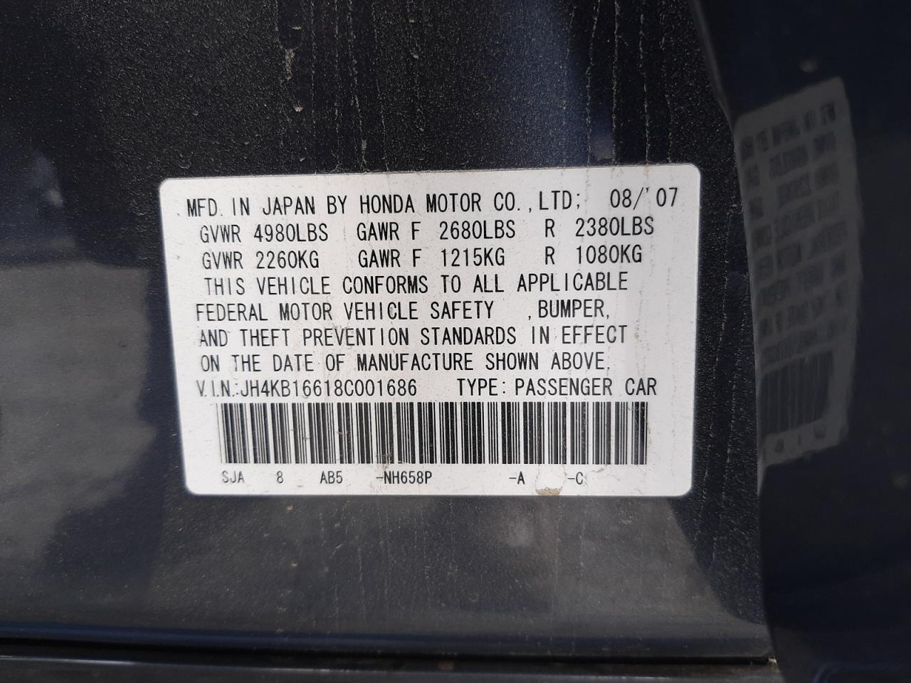 Zdjęcie 10 z aukcji – 2008 ACURA RL z VIN JH4KB16618C001686