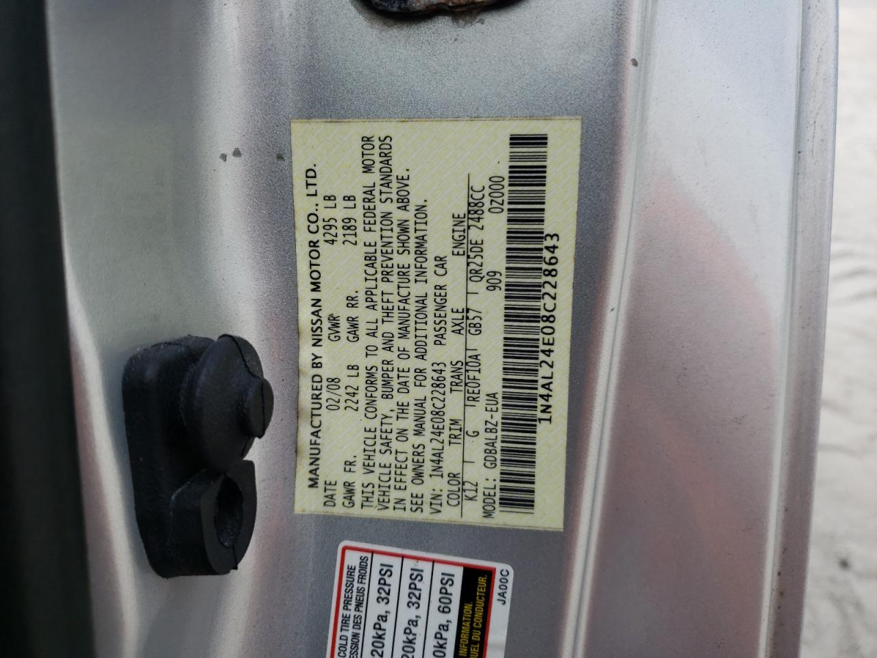 Photo 10 from auction – 2008 NISSAN ALTIMA 2.5 with VIN 1N4AL24E08C228643