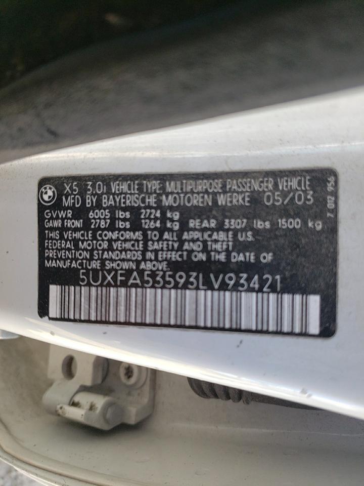Photo 10 from auction – 2003 BMW X5 3.0I with VIN 5UXFA53593LV93421
