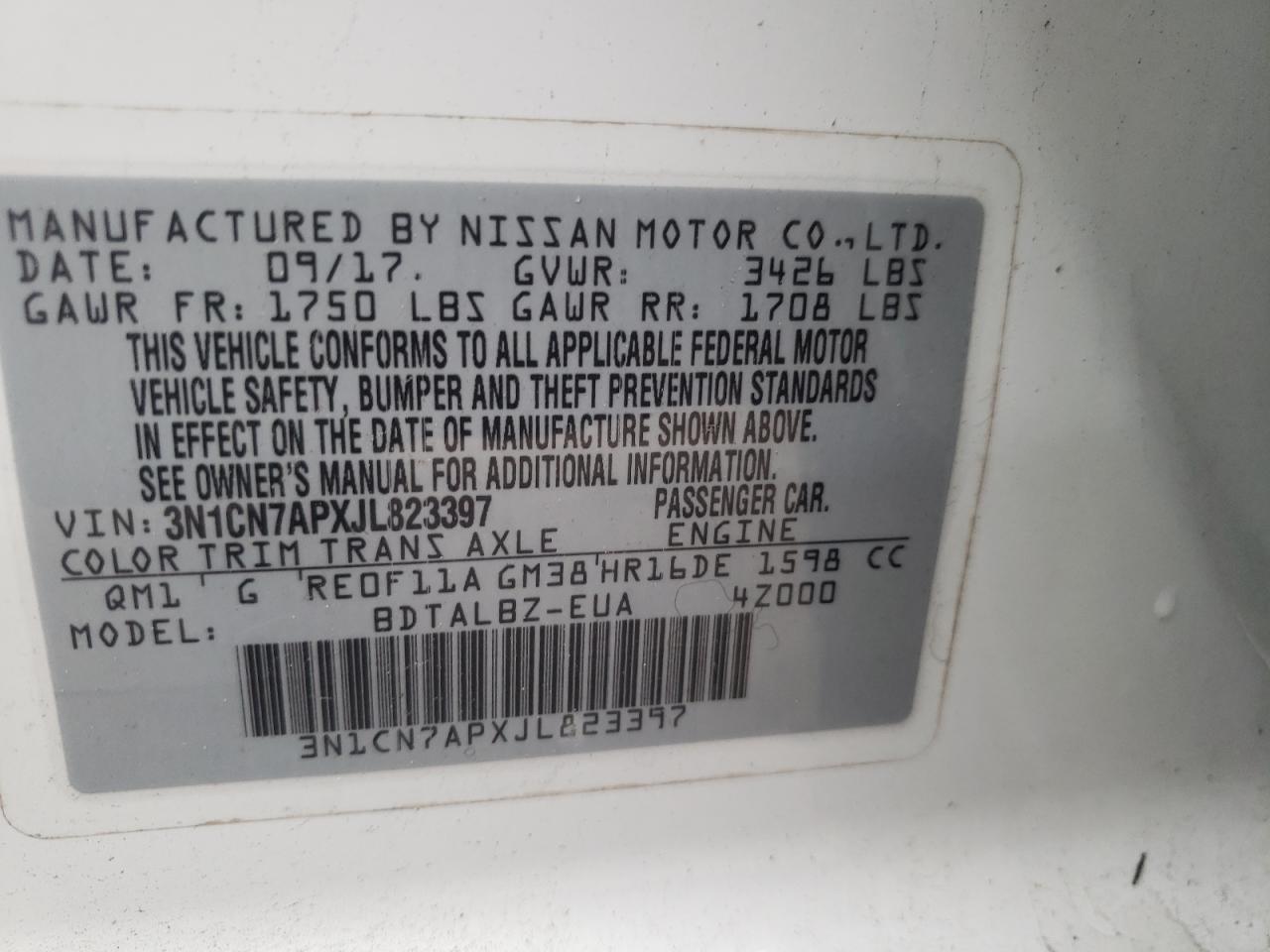 Photo 10 from auction – 2018 NISSAN VERSA S with VIN 3N1CN7APXJL823397