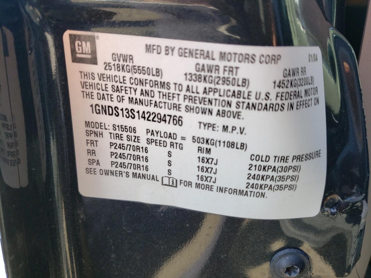 Photo 10 from auction – 2004 CHEVROLET TRAILBLAZE with VIN 1GNDS13S142294766