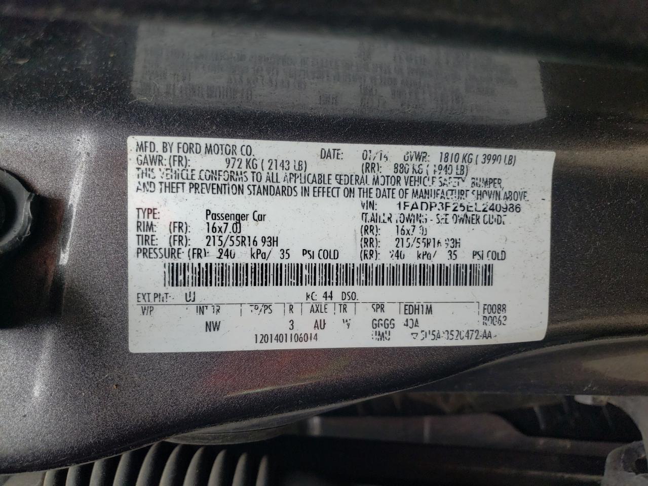 Photo 10 from auction – 2014 FORD FOCUS SE with VIN 1FADP3F25EL240986