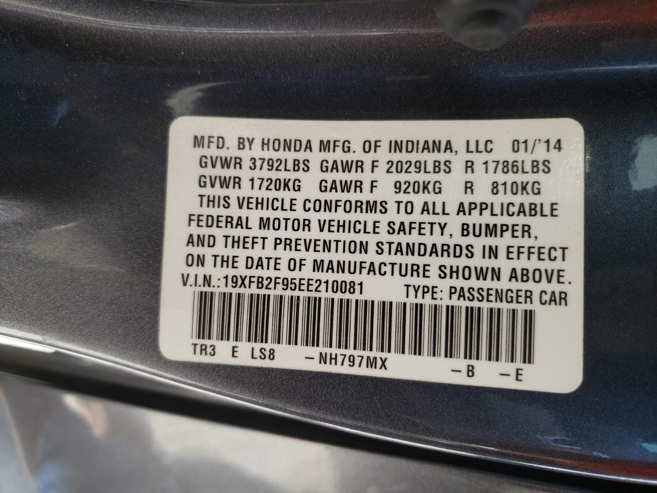 Photo 10 from auction – 2014 HONDA CIVIC EXL with VIN 19XFB2F95EE210081