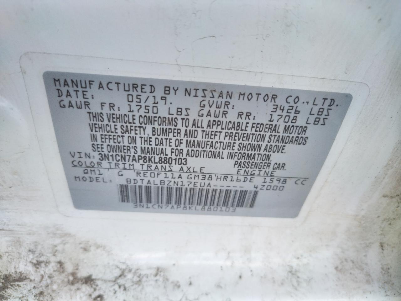 Photo 10 from auction – 2019 NISSAN VERSA S with VIN 3N1CN7AP8KL880103