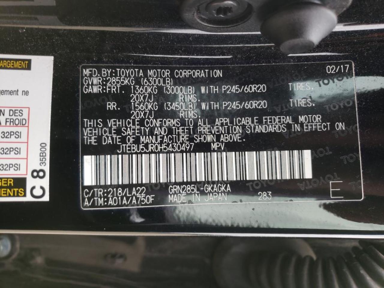 Photo 10 from auction – 2017 TOYOTA 4RUNNER SR with VIN JTEBU5JR0H5430497