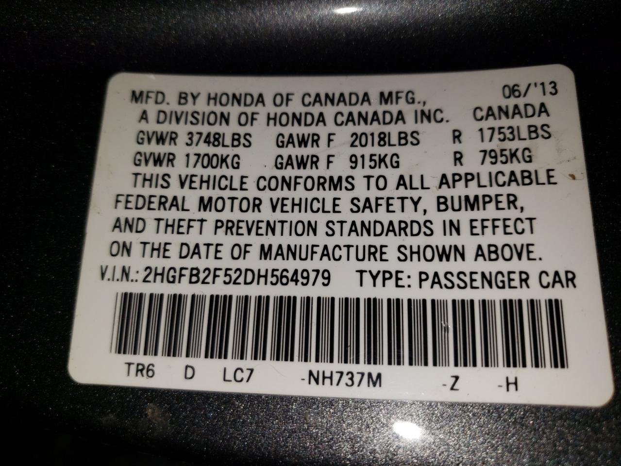 Photo 10 from auction – 2013 HONDA CIVIC LX with VIN 2HGFB2F52DH564979