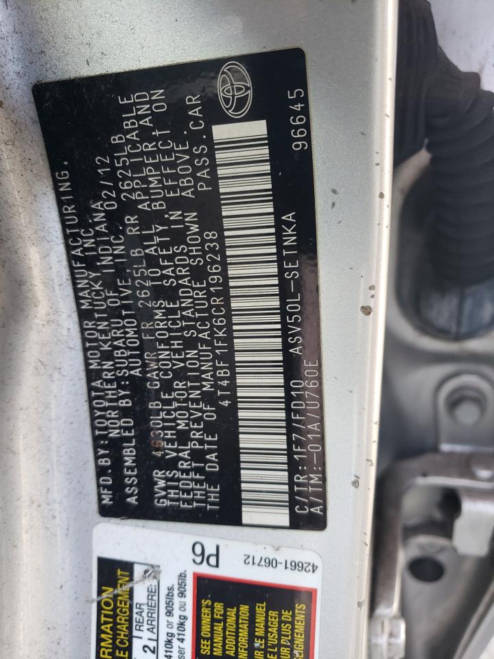 Photo 10 from auction – 2012 TOYOTA CAMRY BASE with VIN 4T4BF1FK6CR196238