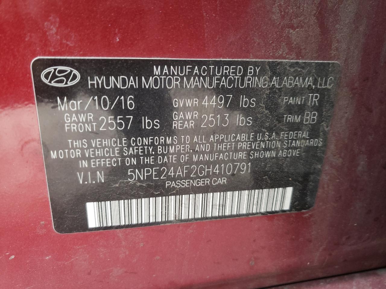 Photo 10 from auction – 2016 HYUNDAI SONATA SE with VIN 5NPE24AF2GH410791