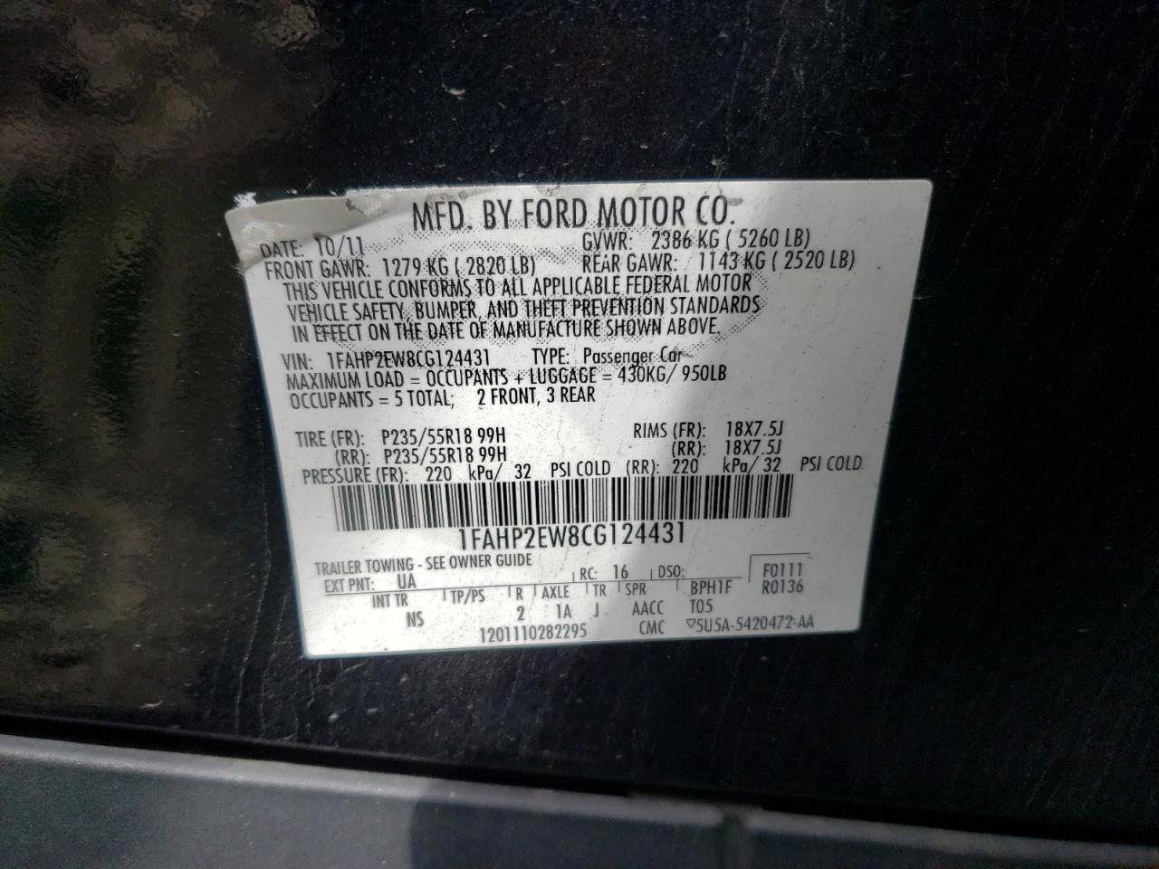 Foto 10 de la subasta – 2012 FORD TAURUS SEL con VIN 1FAHP2EW8CG124431
