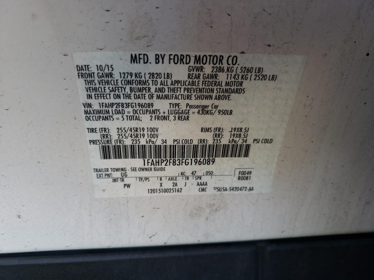 Photo 10 from auction – 2015 FORD TAURUS LIM with VIN 1FAHP2F83FG196089
