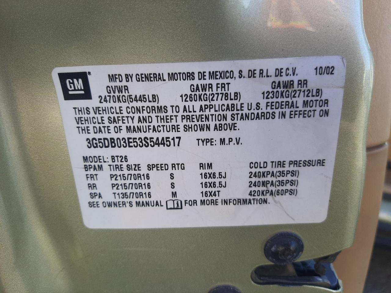 Photo 10 from auction – 2003 BUICK RENDEZVOUS with VIN 3G5DB03E53S544517
